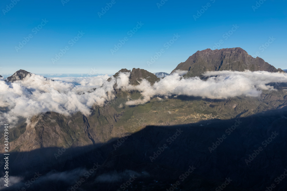 Reunion, Reunion National Park, Maido observation point, View from Vulcano Maido to Cirque de Mafate, Gros Morne and Piton des Neiges Reunion, Reunion National Park, Maido observation point, View from Vulcano Maido to Cirque de Mafate, Gros Morne and Piton des Neiges