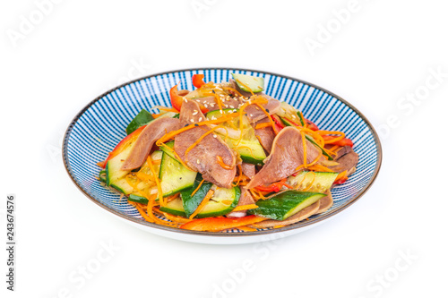 Korean salad with beef tongue on a white background