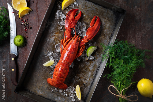 Lobster in a dark grey rusty tray served on ice with lemon and live, top view, vintage style