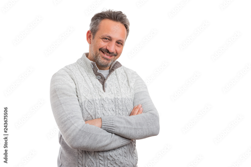 Portrait of man wearing knitted jumper. Portrait of man wearing knitted jumper.