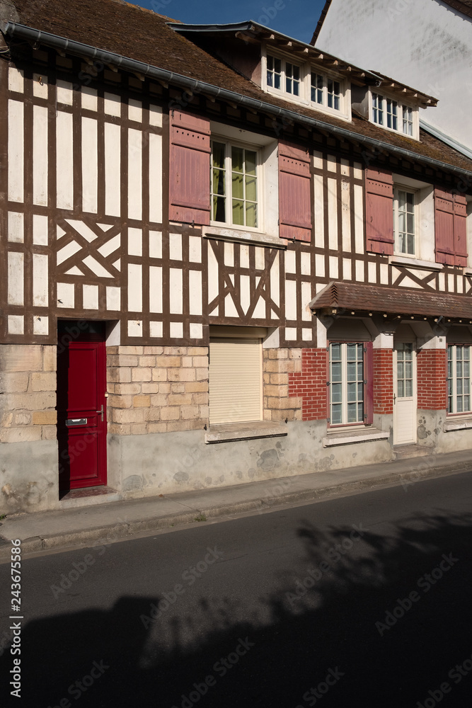 Typical half-timbered houses in Ouistreham, Normandy, France