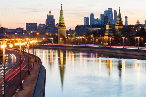 Russia, Moscow, Moskva river with the Kremlin and the financial district in background