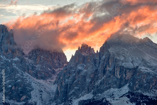 Italy, South Tyrol, Langkofel and Plattkofel at sunrise