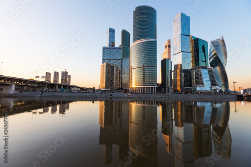 Russia, Moscow, Financial district with modern skyscrapers at sunset