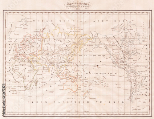 1832, Malte-Brun Map of the World on Mercator Projection