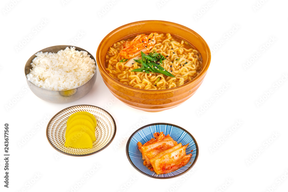 Korean noodles with kimchi on a white background