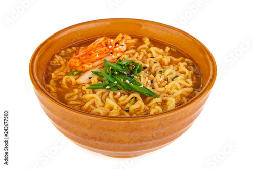 Korean noodles with kimchi on a white background