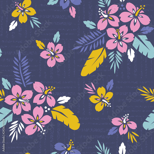 Large Bold Colorful Tropical Exotic Foliage, Hibiscus Floral Vector Seamless Pattern. Lush Tropical Palm Leaves.