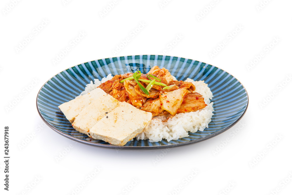 Korean dish with kimchi and tofu on a white background