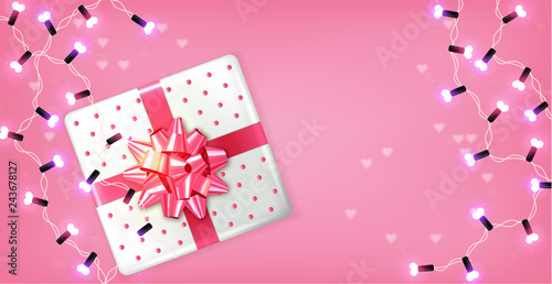 Pink gift box and lights garland Vector realistic. Celebrate love card. 3d detailed illustrations