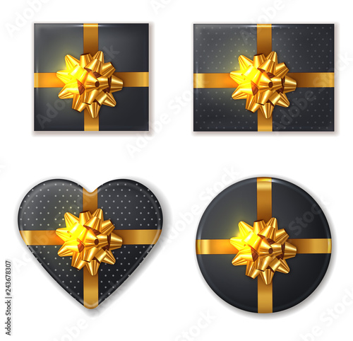 Black Gift box and golden bow set Vector realistic. Product placement mock up...