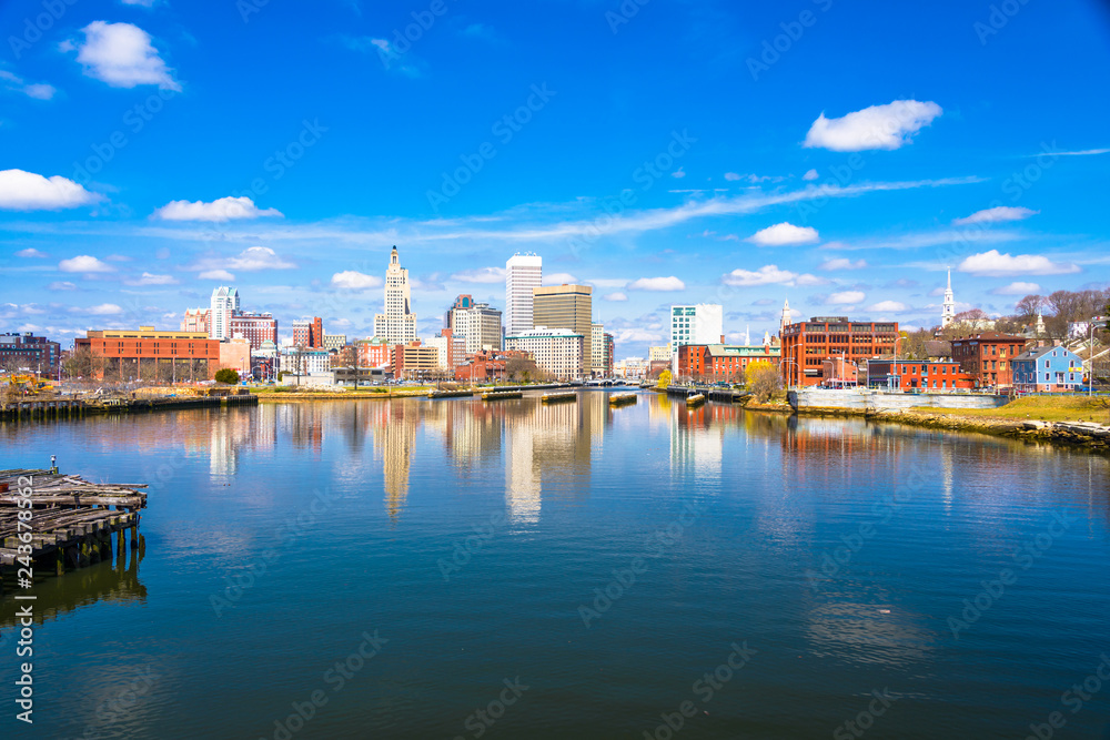 Providence, Rhode Island, USA downtown skyline on the river.