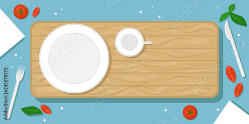 Beautiful food background with wooden cutting Board, plate and mug, cherry tomatoes, salt crystals and Cutlery. Flat vector illustration. The top view.