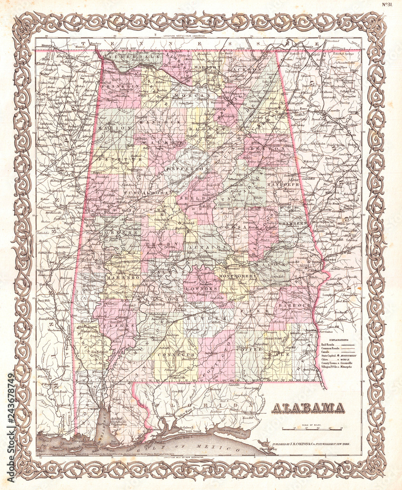 1855, Colton Map of Alabama