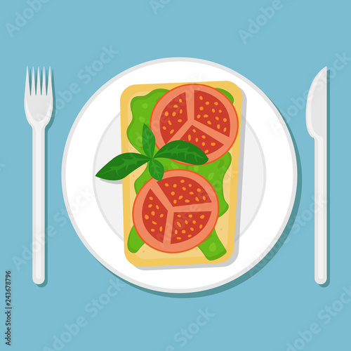 Toast with avocado puree and tomato slices on a plate. Flat vector illustration. Top view.