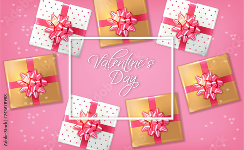 Pink romantic card with gift boxes Vector realistic. Celebrate love card. 3d ...