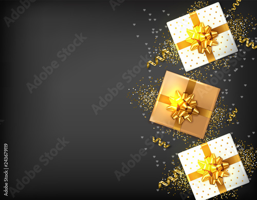 Gift boxes with golden bow Vector realistic. Dark background confeti sparkle....