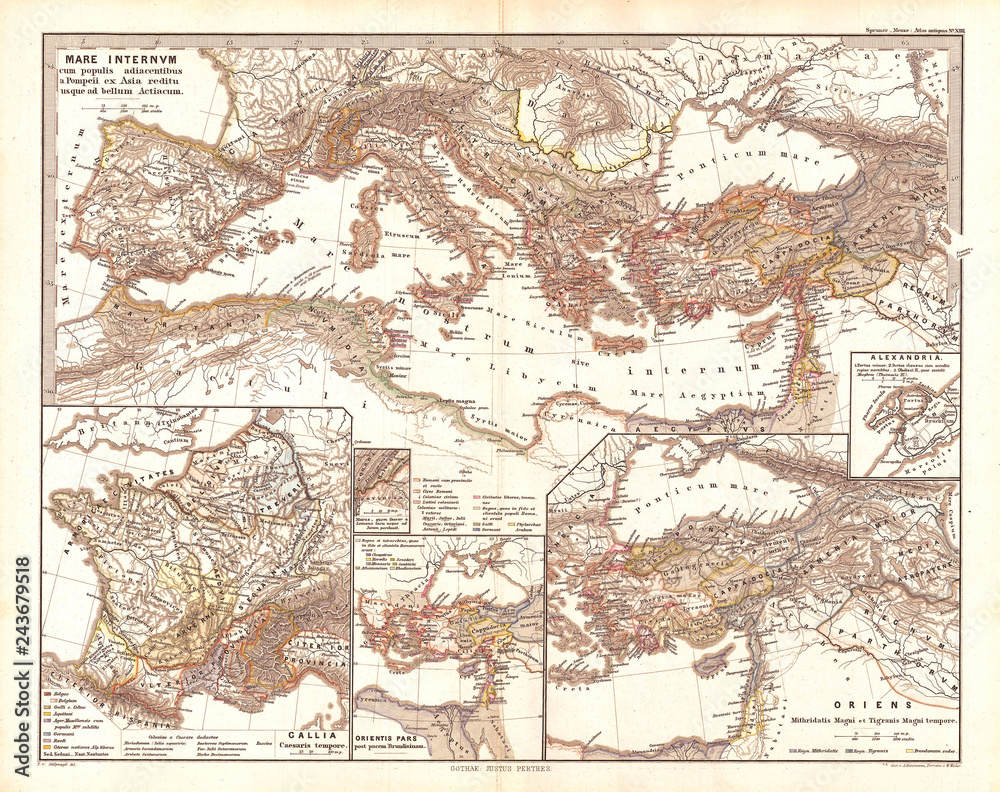 1865, Spruner Map of the Mediterranean from Pompey to the Battle of Actium