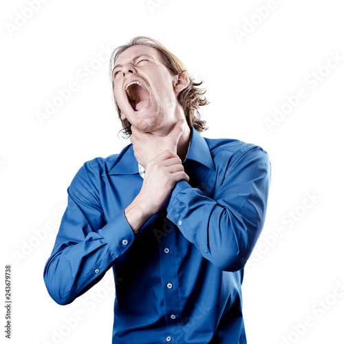 Young man isolated on white background, suffers from sore throat and suffocative cough. The concept of disease. Seasonal diseases. Cold. Flu. Allergy.