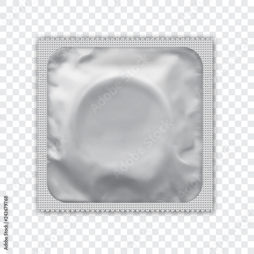 White  foil wrapped condom realistic vector packadge mock up. Realistic foil package for condom. White background.