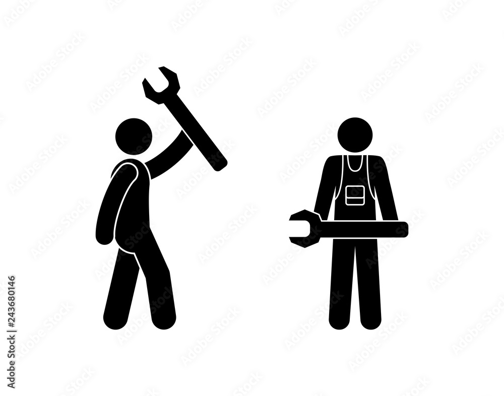 stick figure man icon, wrench, pictogram people, repair tool, isolated