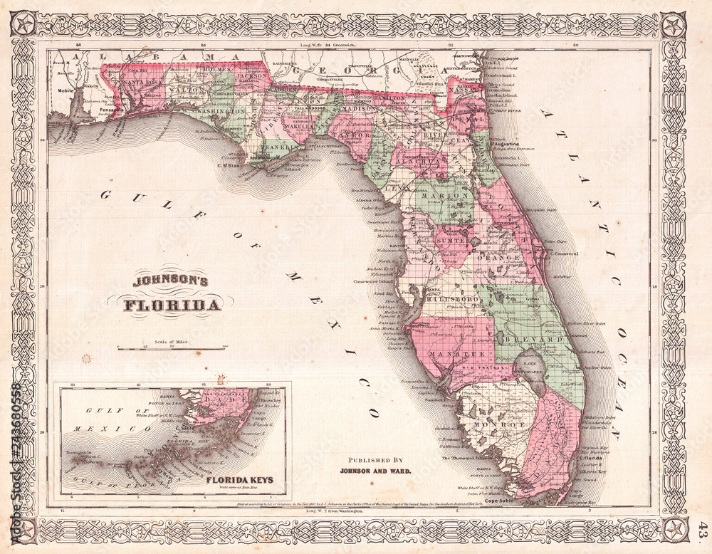 Obraz premium Antique Map of Florida, 1866, Johnson