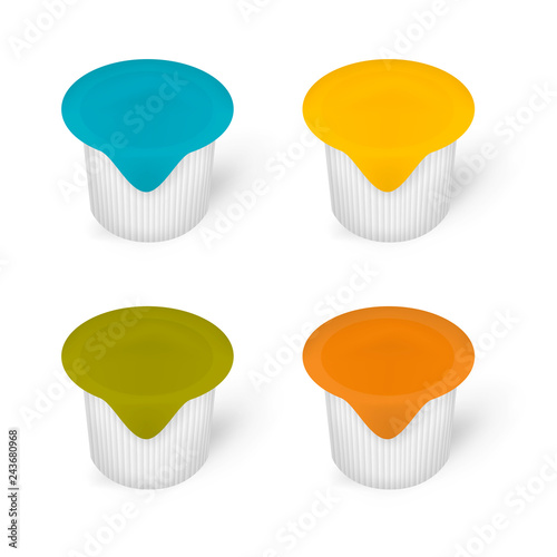 Blank portioned plastic container with colored lidding film top, mockup