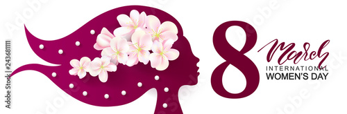 8 March Happy Women's Day banner. Beautiful Background with female silhouette ,flowers and beads.Vector illustration for website,cards, posters,ads, coupons, promotional material