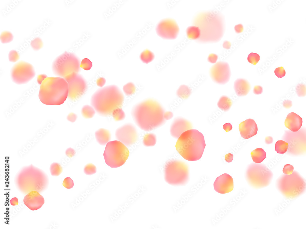 Rose gold petals flying cosmetics vector background.