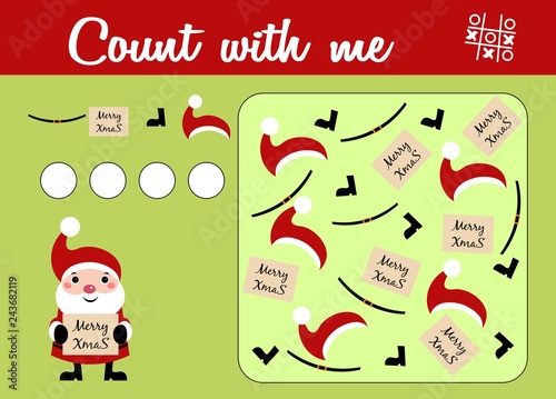 Counting game for preschool children. Educational a mathematical game. Christmas theme with Santa Claus