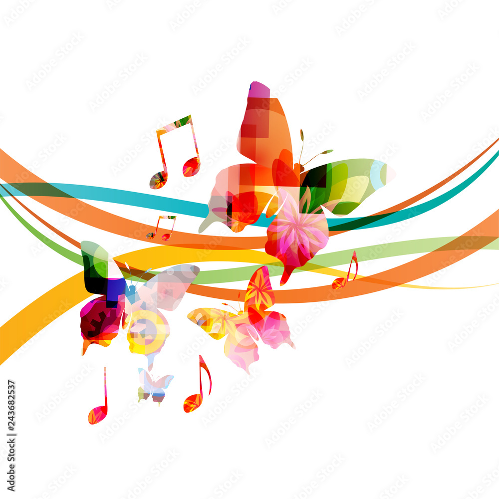 Fototapeta premium Music background with colorful music notes and butterflies vector illustration design. Artistic music festival poster, live concert events, music notes signs and symbols