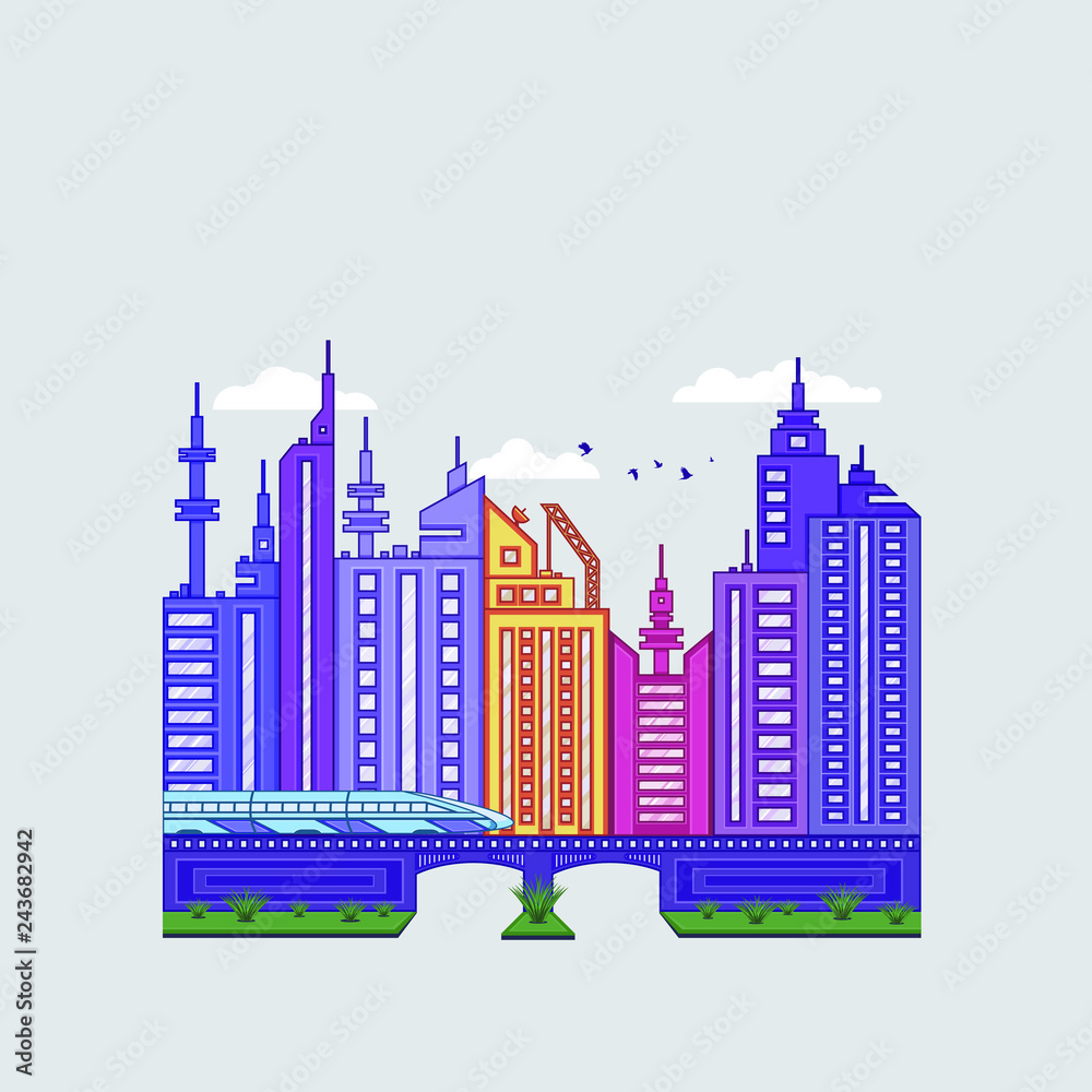 City landscape with bridge and train in flat style for decoration design. Graphic vector illustration. Modern poster with city landscape.