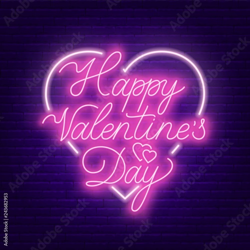 Happy Valentine s day neon lettering on dark background. Greeting card. Vector illustration.