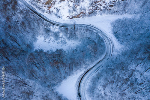 Aerial view of winter road