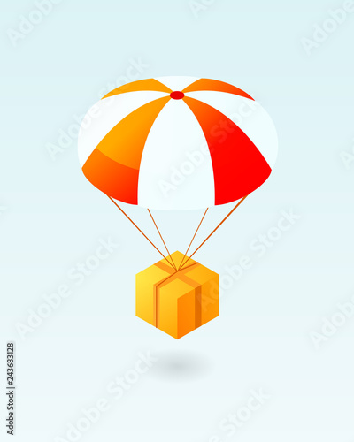 Box flying on parachute icon. Air shipping. Clipart image