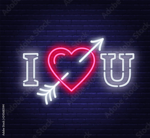 I love you neon. Heart with arrow sign. Vector illustration on dark background.