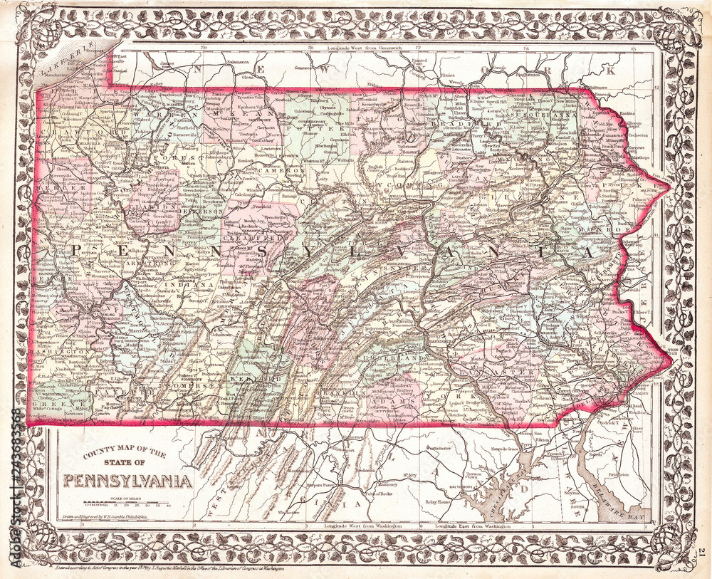 1874, Mitchell Map of Pennsylvania