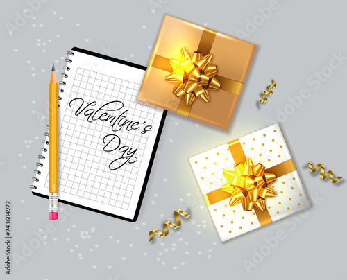 Valentine day card with gift boxes Vector realistic. Notesbook text. Celebrat...