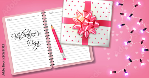 Pink romantic card with gift box and garland Vector realistic. Celebrate love...