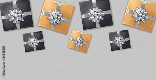 Gift boxes silver bow Vector realistic. Dark background confeti sparkle. Prod...