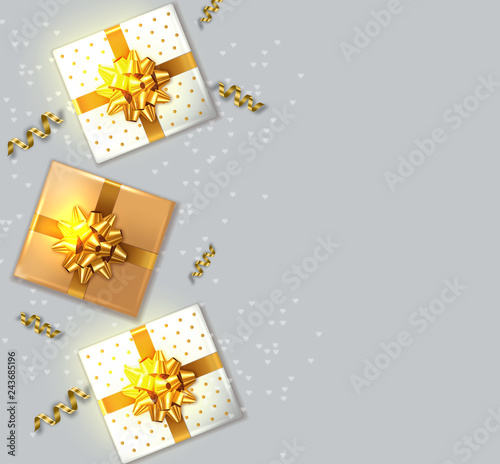Gift boxes with golden bow Vector realistic. Product placement mock up. Desig...