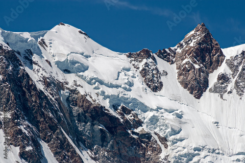 Panoramic view of the Zumstein and Dufur summits, in the imposing east face of Monte Rosa above Macugnaga in Piedmont, Italy.