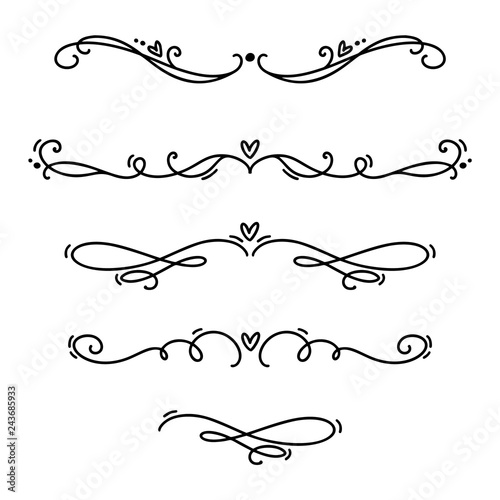 Vector vintage line elegant valentine dividers and separators, swirls and corners decorative ornaments. Floral lines filigree design heart elements. Flourish curl illustration