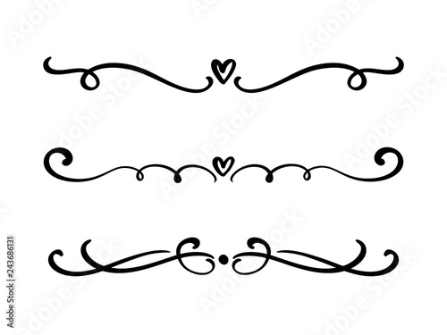 Vector vintage line elegant valentine dividers and separators, swirls and corners decorative ornaments. Floral lines filigree design heart elements. Flourish curl