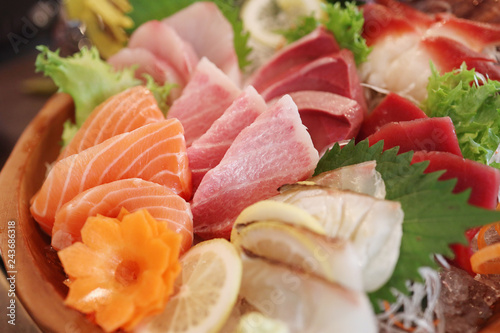Close-up on Japanese Food Sashimi on a Plate( Raw Fresh Sliced Fish )