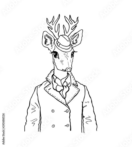 Hand drawn colorful cute hipster deer in    vintage stylish gentleman costume. Outline for coloring  white background.