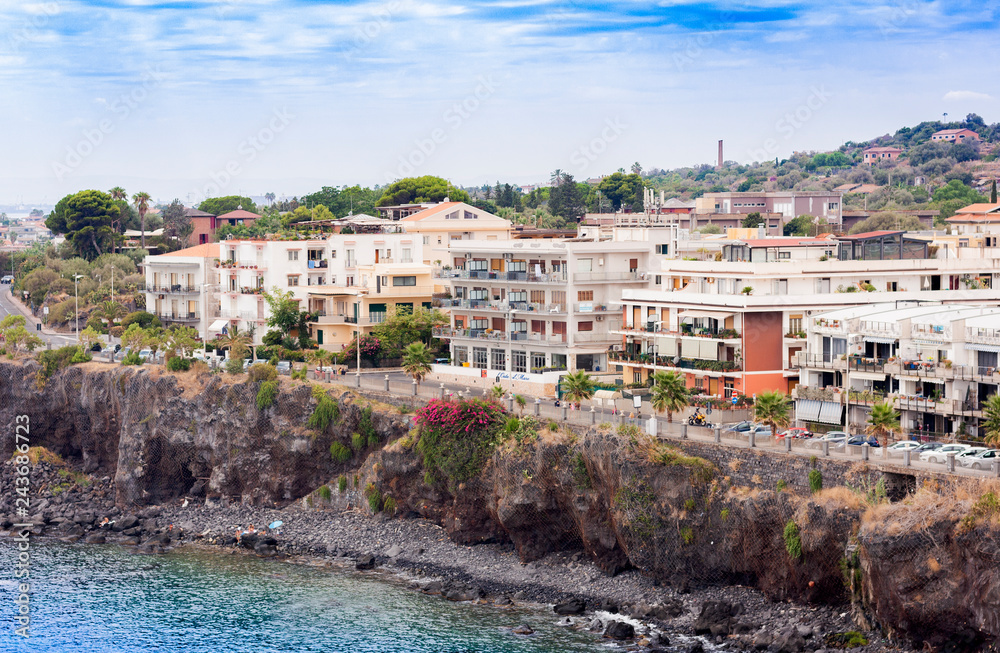 View of Acitrezza from the sea side of Acicastello, Catania, Sicily, Italy