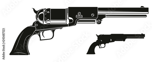 Graphic black and white detailed silhouette old revolver. Isolated on white background. Vector icon.
