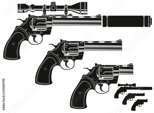 Graphic black and white detailed silhouette revolver with optical sight and silencer. Isolated on white background. Vector icon set.