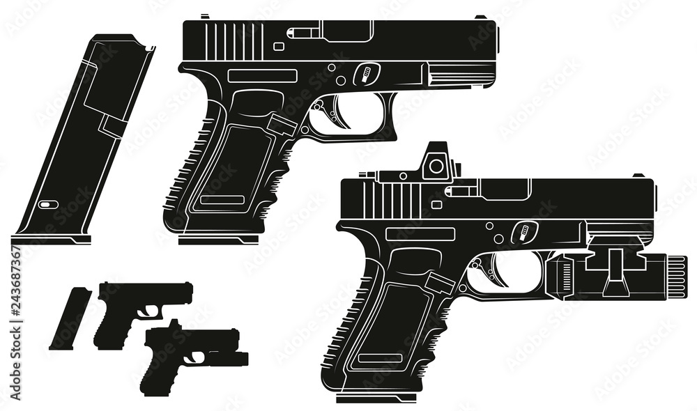Fototapeta Graphic black and white detailed silhouette handgun pistol with ammo clip and flashlight. Isolated on white background. Vector icon set. Vol. 6